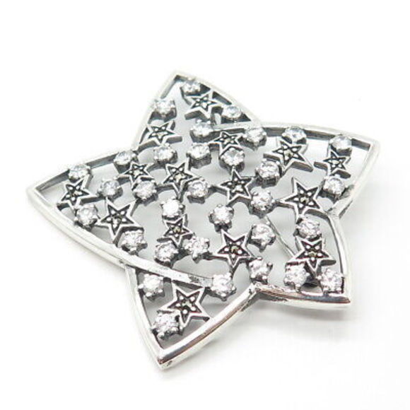 925 Sterling Silver Real Marcasite Gemstone & C Z Star Pin Brooch - Picture 5 of 8